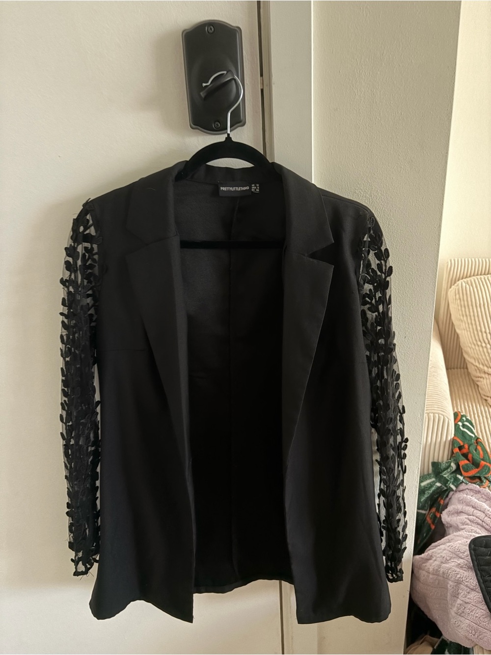 PrettyLittleThing Black Blazer with Embellished Sheer Sleeves